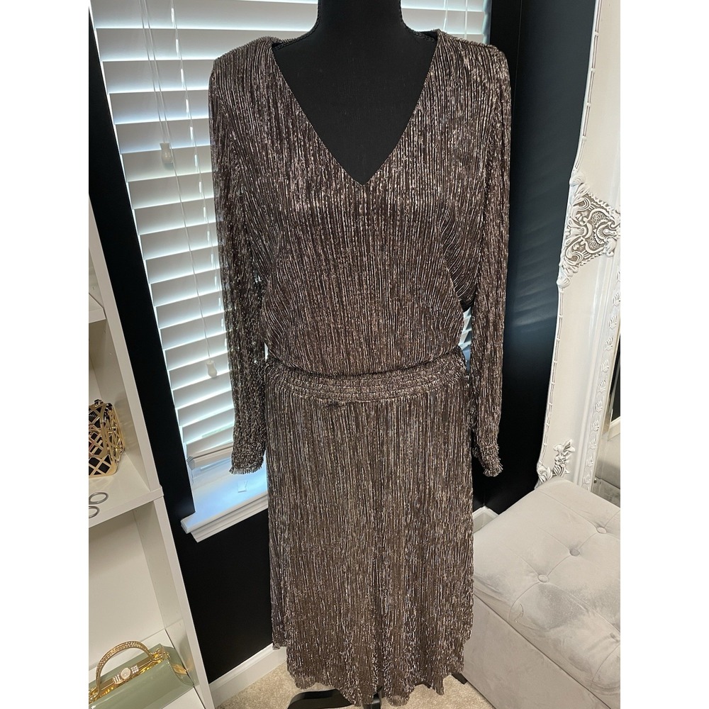MSK Women's Black&Gold Metallic Long Sleeve V-Neck Dress Size XL